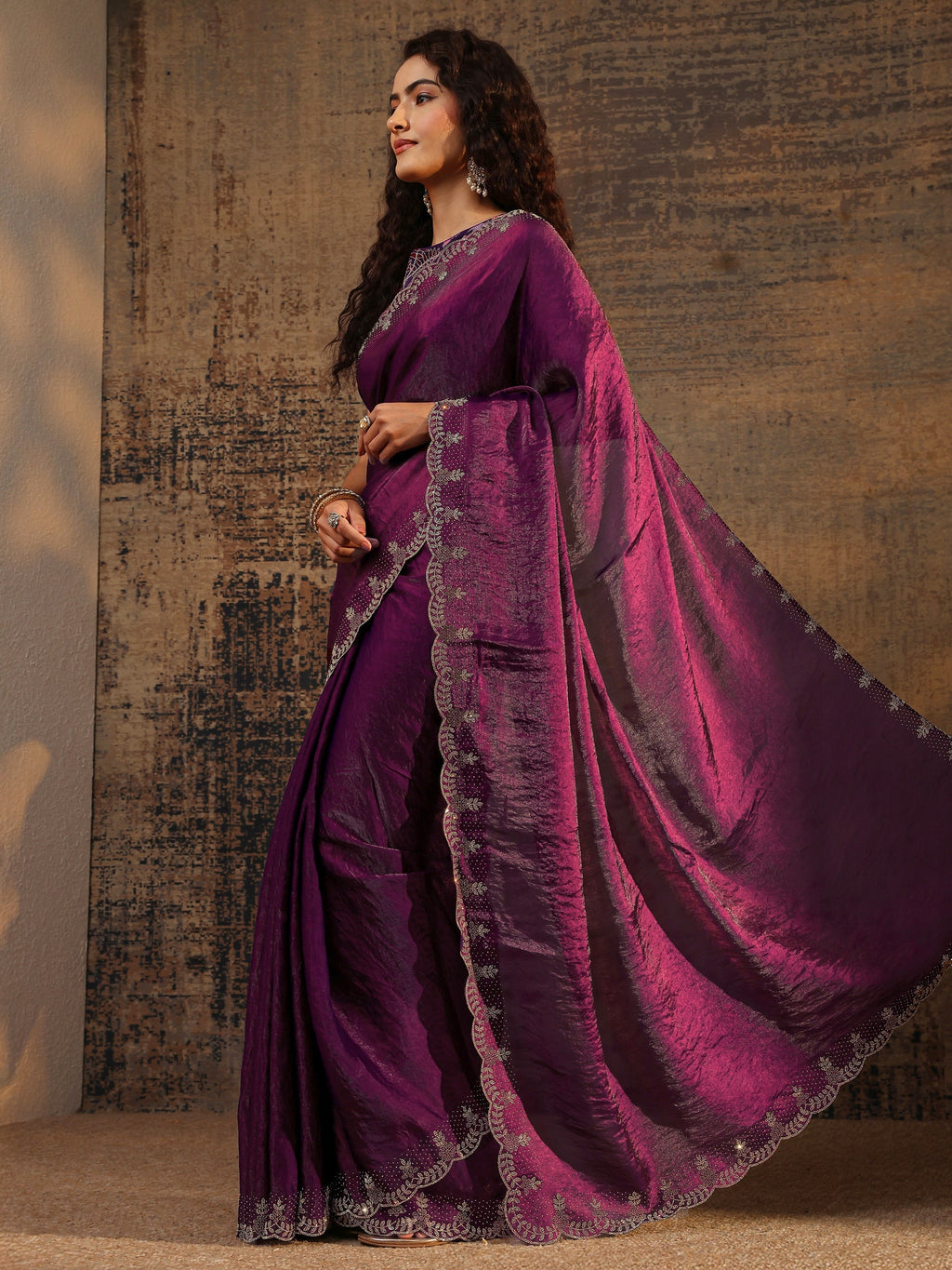 Libas Burgundy Solid Satin Saree With Unstitched Blouse Piece