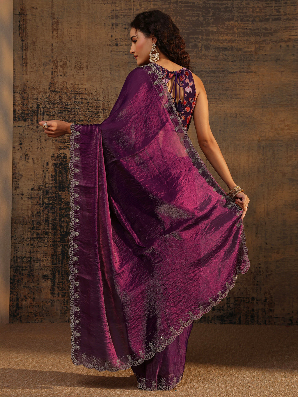 Libas Burgundy Solid Satin Saree With Unstitched Blouse Piece