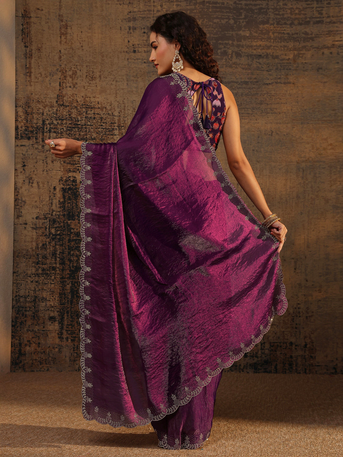 Libas Burgundy Solid Satin Saree With Unstitched Blouse Piece