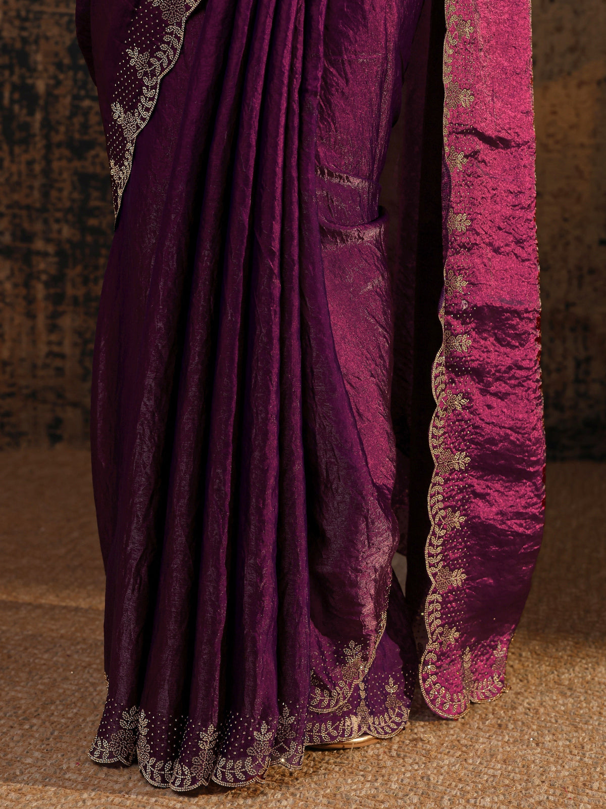 Libas Burgundy Solid Satin Saree With Unstitched Blouse Piece