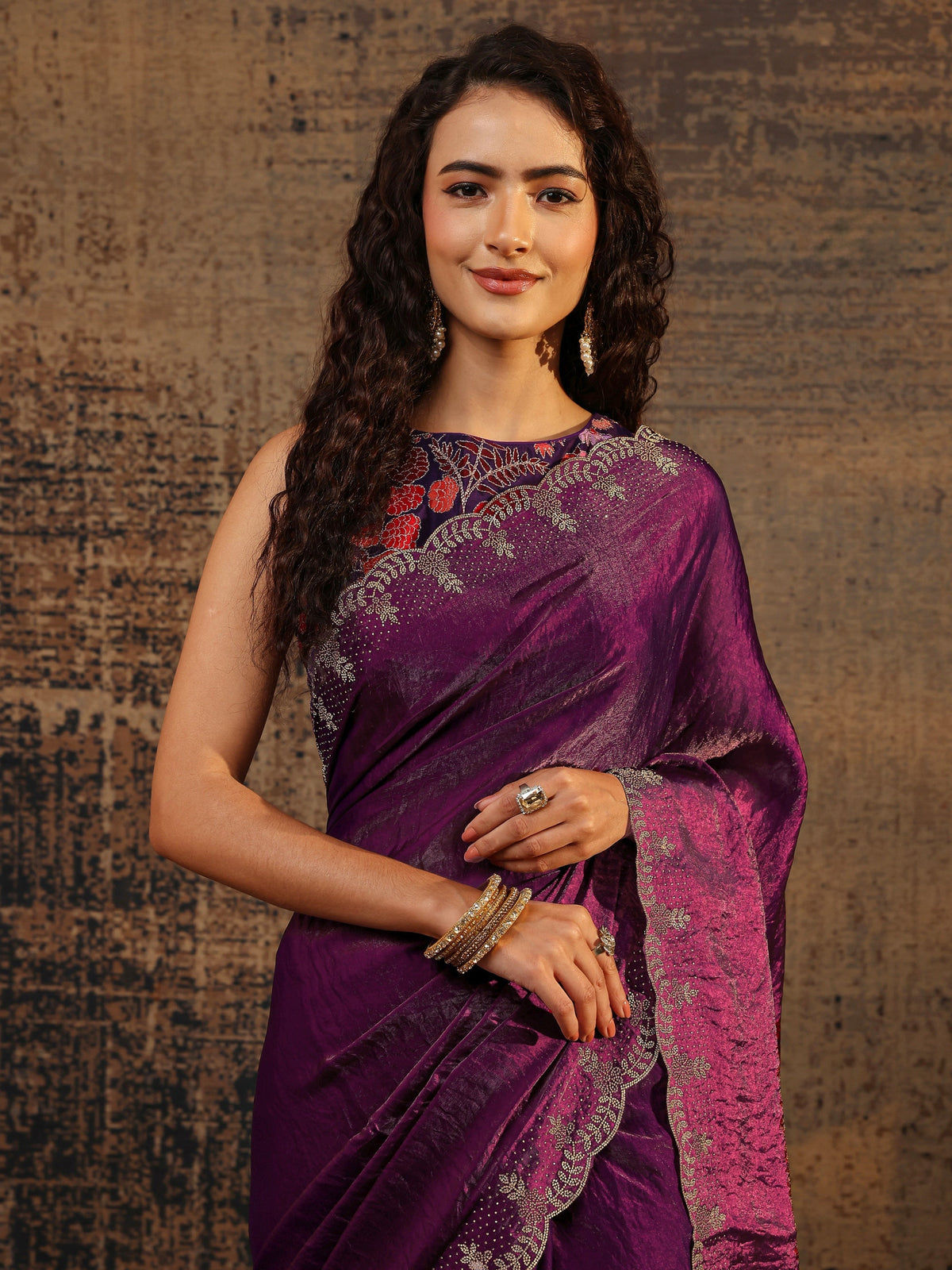 Libas Burgundy Solid Satin Saree With Unstitched Blouse Piece