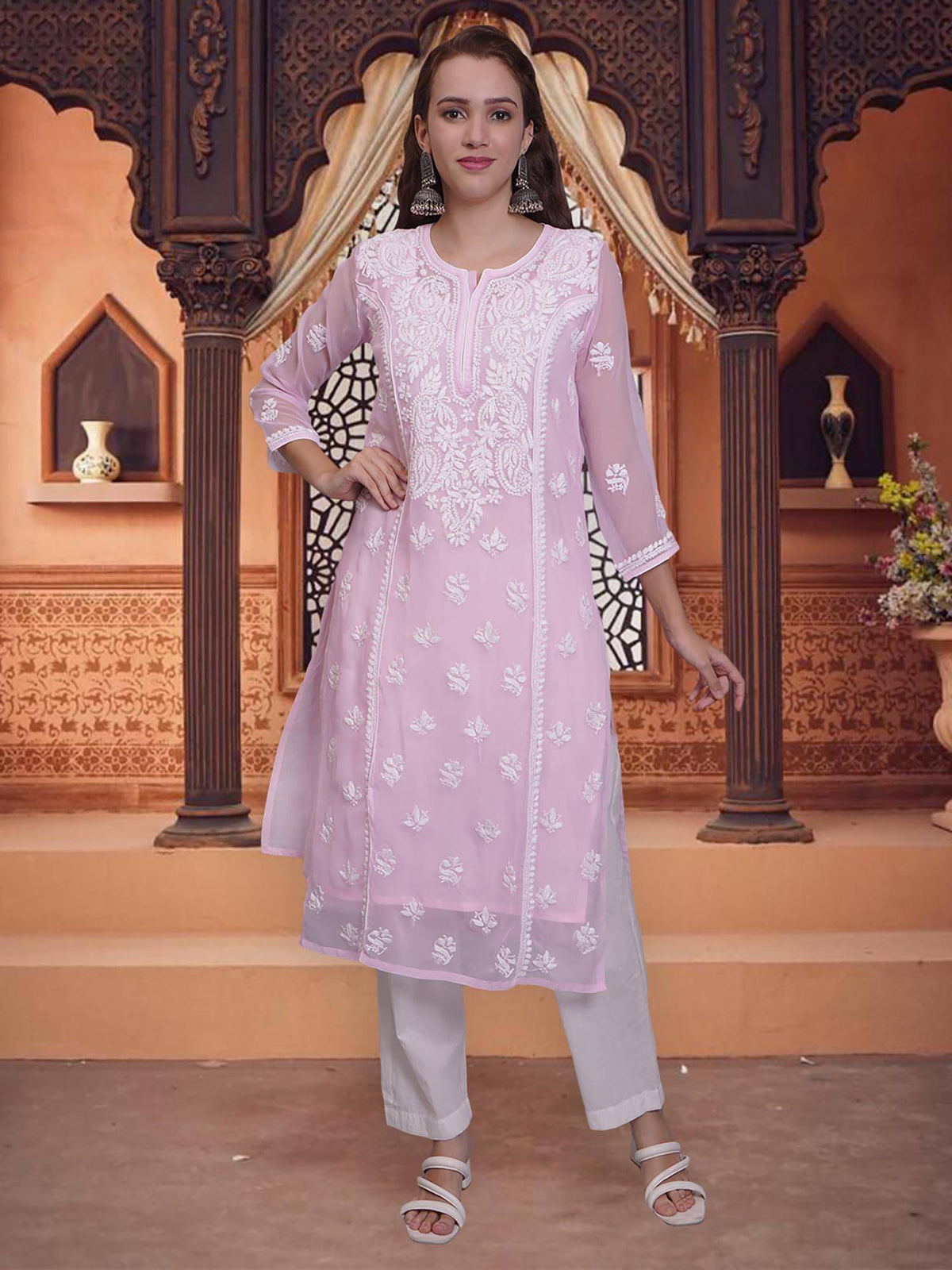Hand Embroidered Pink Georgette Lucknowi Chikankari Kurta with Inner (Set of 2) | KDG - view 1