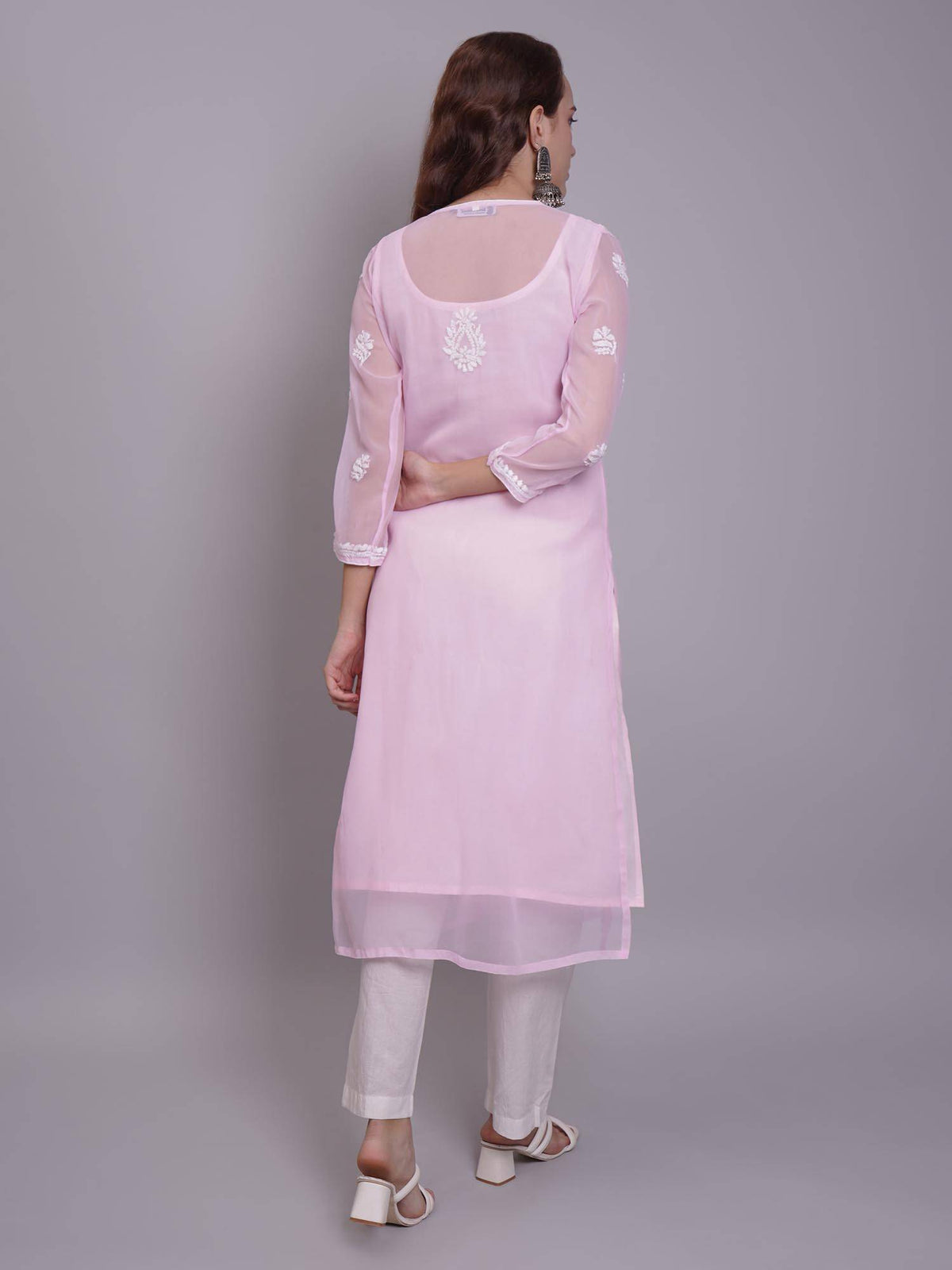 Hand Embroidered Pink Georgette Lucknowi Chikankari Kurta with Inner (Set of 2) | KDG - view 2