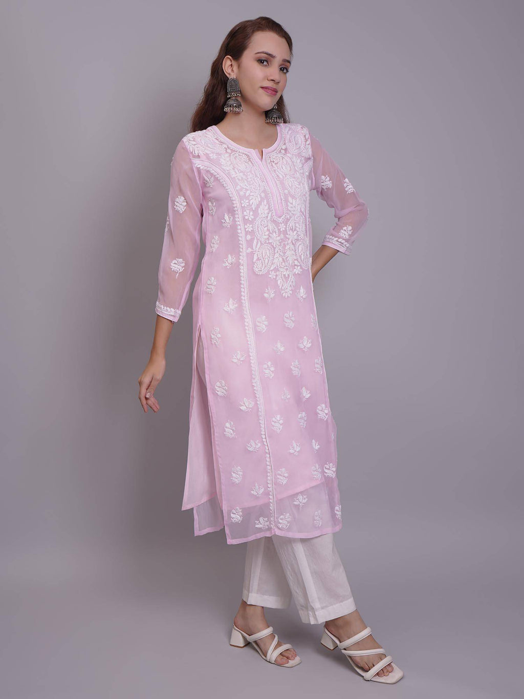 Hand Embroidered Pink Georgette Lucknowi Chikankari Kurta with Inner (Set of 2) | KDG - view 3
