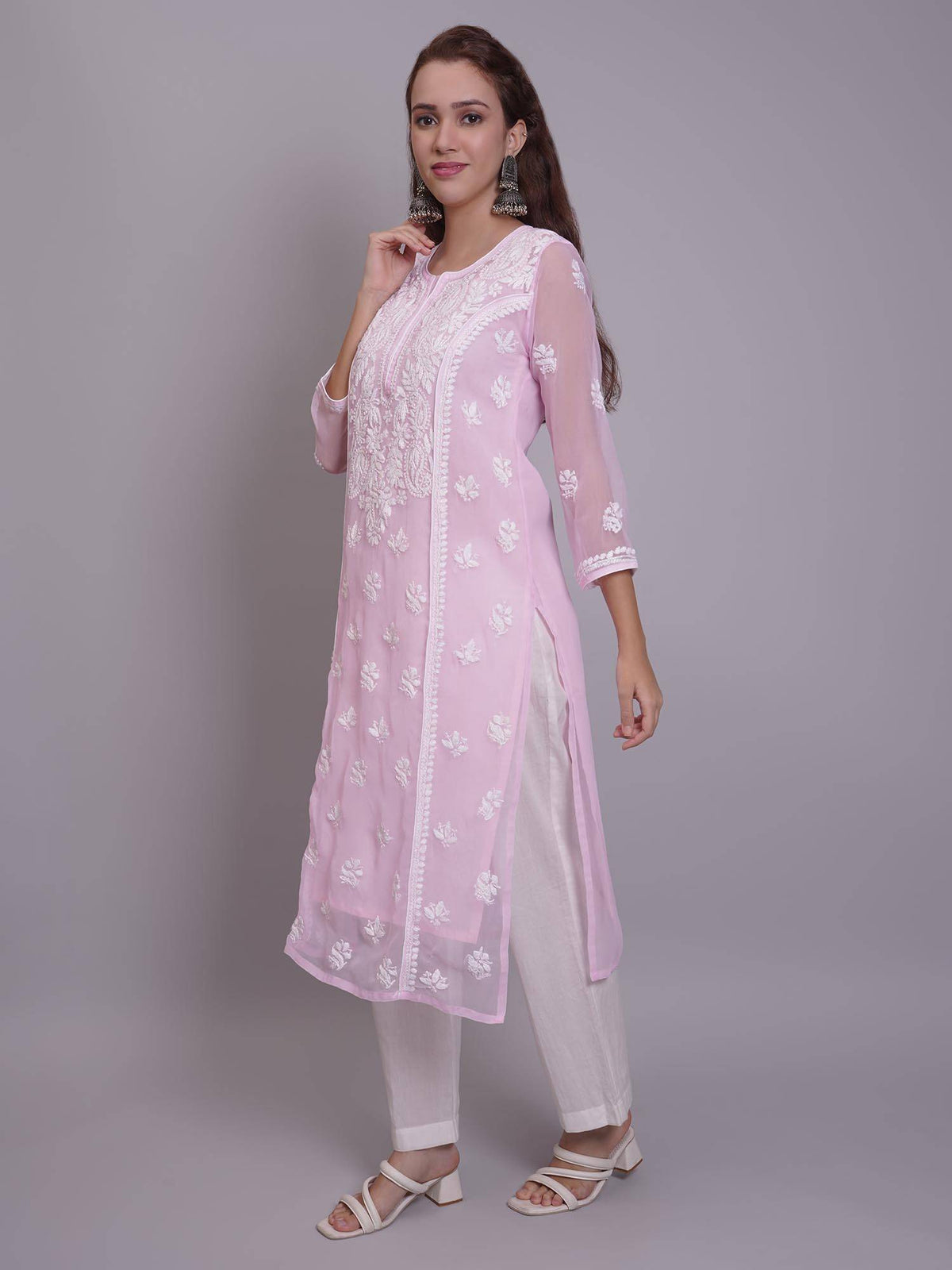 Hand Embroidered Pink Georgette Lucknowi Chikankari Kurta with Inner (Set of 2) | KDG - view 4