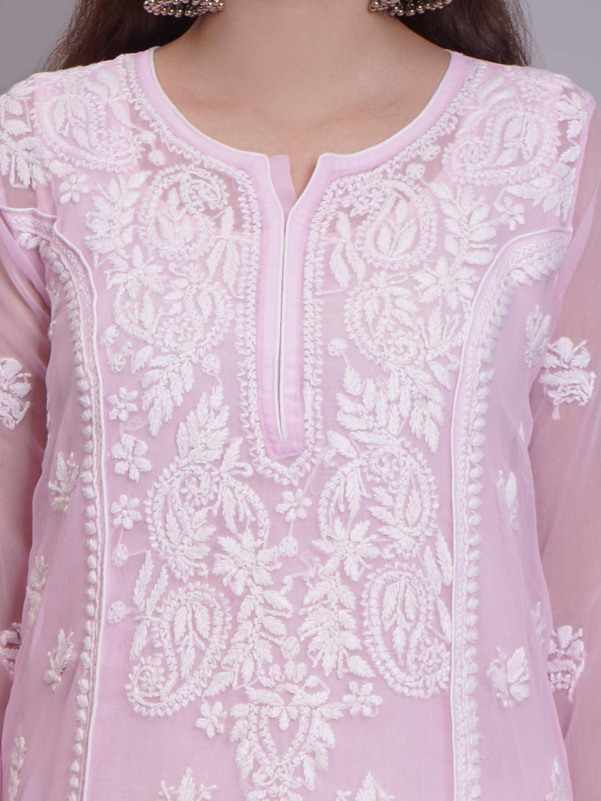Hand Embroidered Pink Georgette Lucknowi Chikankari Kurta with Inner (Set of 2) | KDG - view 5