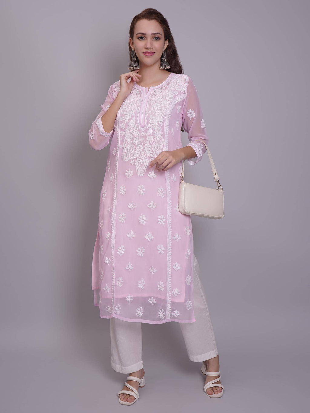 Hand Embroidered Pink Georgette Lucknowi Chikankari Kurta with Inner (Set of 2) | KDG - view 7