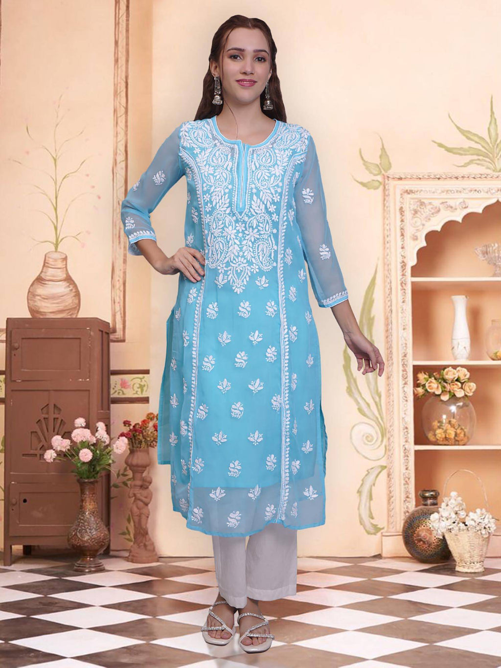 Hand Embroidered Pink Georgette Lucknowi Chikankari Kurta with Inner (Set of 2) | KDG - view 29