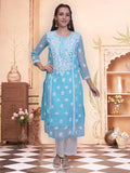 Hand Embroidered Pink Georgette Lucknowi Chikankari Kurta with Inner (Set of 2) | KDG - view 29