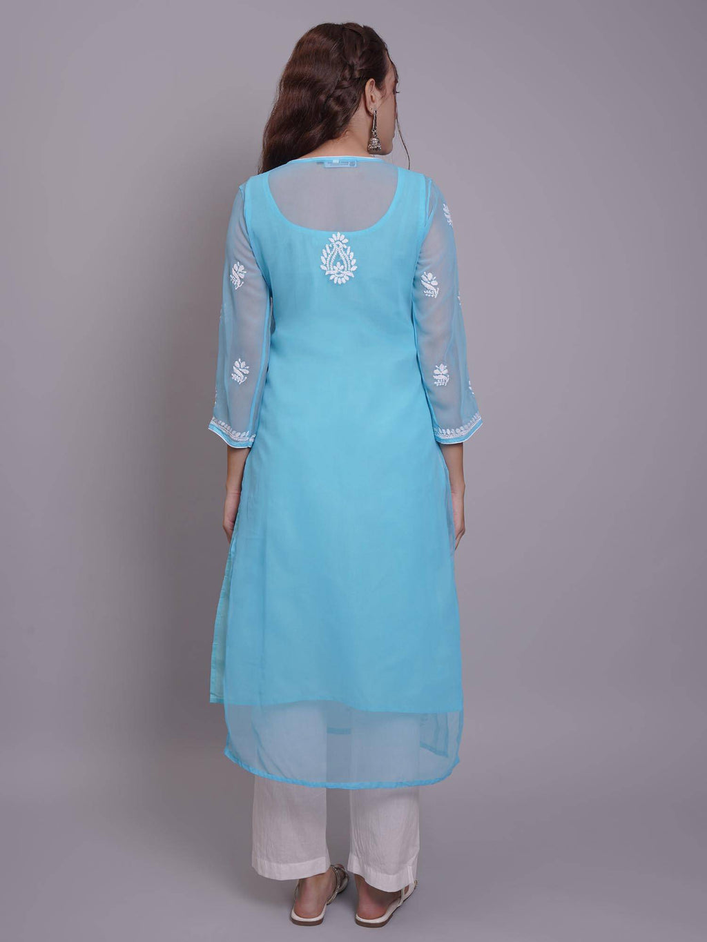 Hand Embroidered Pink Georgette Lucknowi Chikankari Kurta with Inner (Set of 2) | KDG - view 30