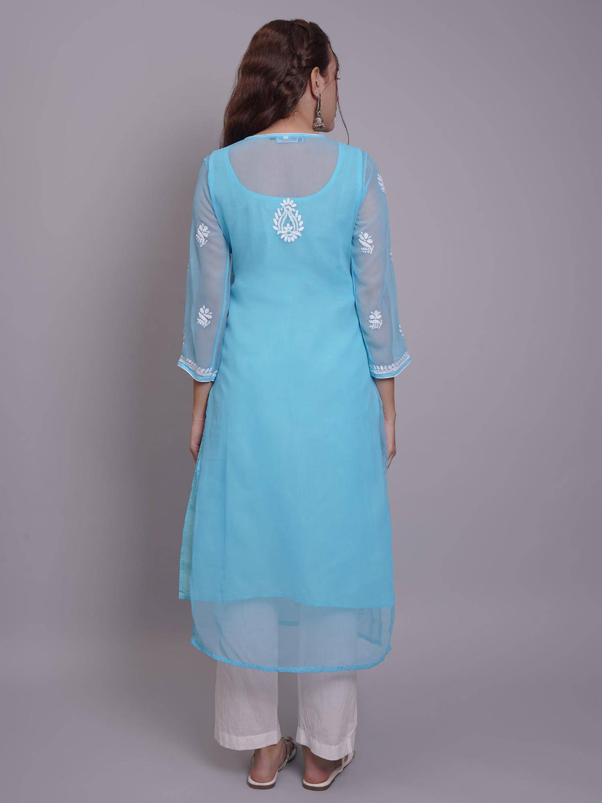 Hand Embroidered Pink Georgette Lucknowi Chikankari Kurta with Inner (Set of 2) | KDG - view 30