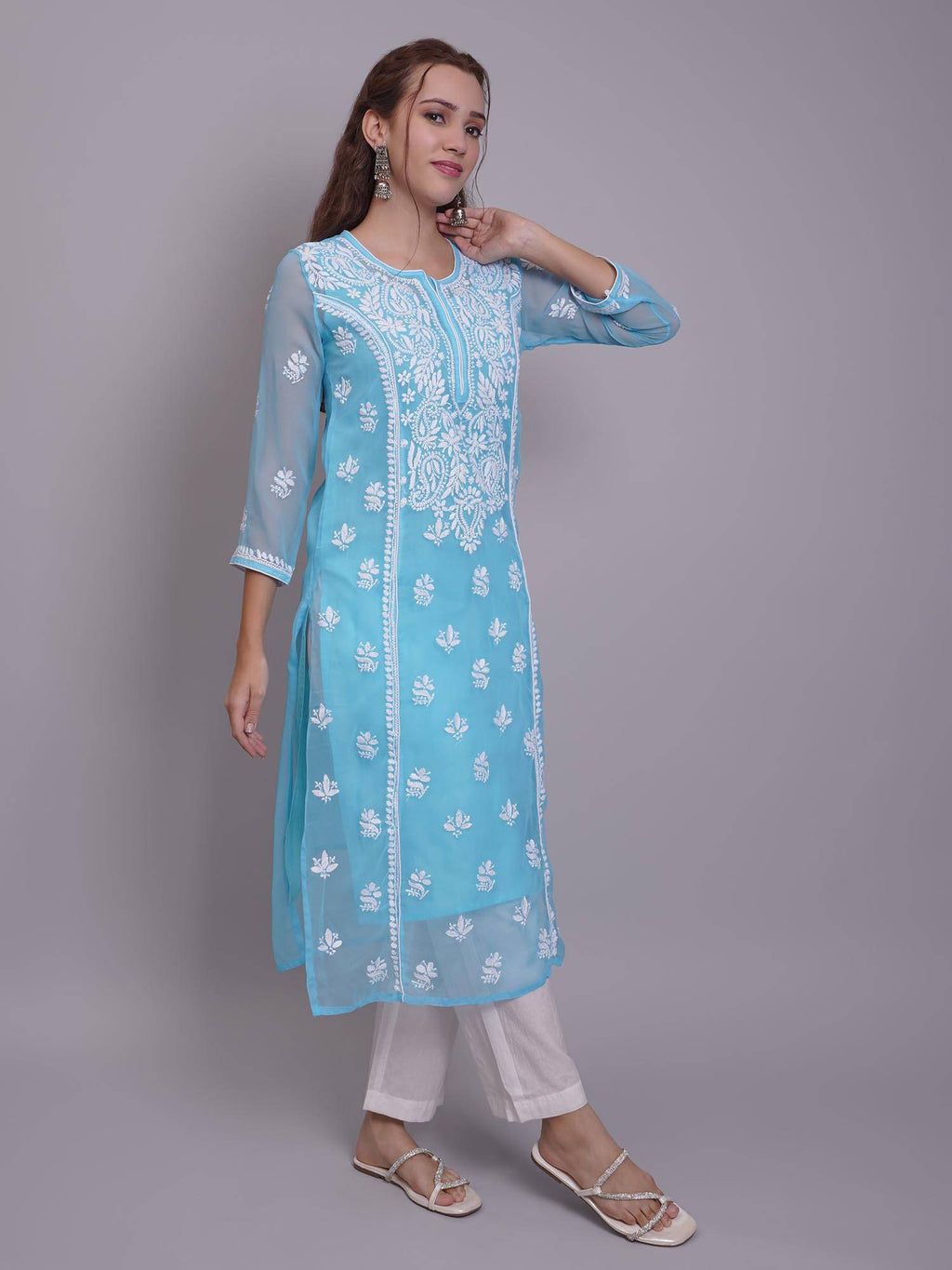 Hand Embroidered Pink Georgette Lucknowi Chikankari Kurta with Inner (Set of 2) | KDG - view 31