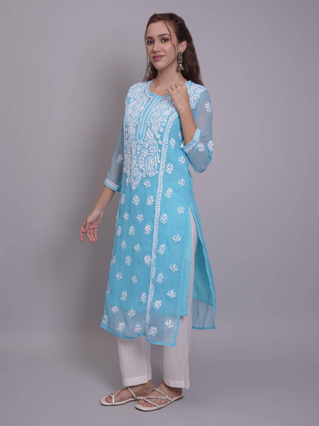 Hand Embroidered Pink Georgette Lucknowi Chikankari Kurta with Inner (Set of 2) | KDG - view 32
