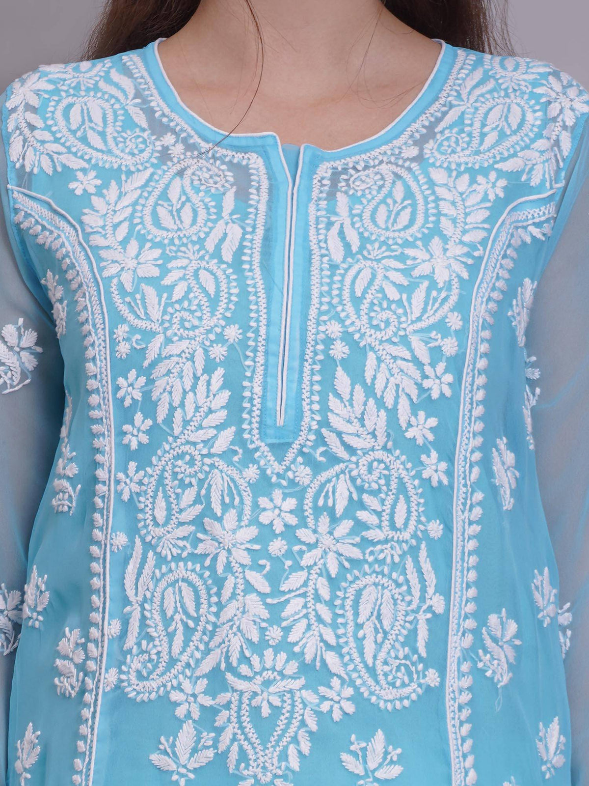 Hand Embroidered Pink Georgette Lucknowi Chikankari Kurta with Inner (Set of 2) | KDG - view 33