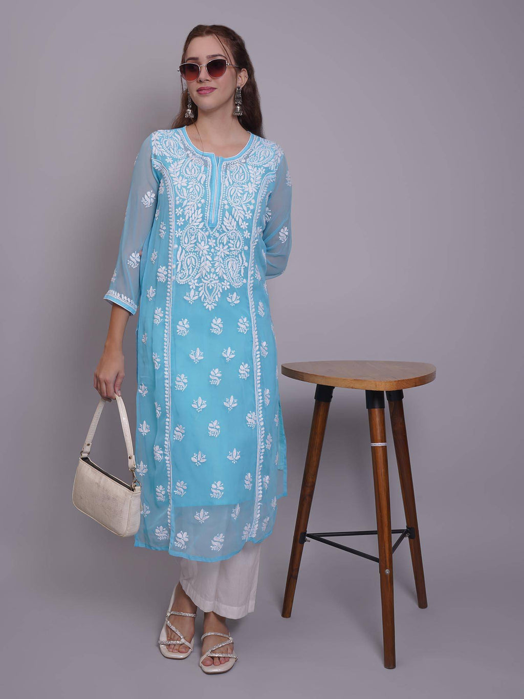 Hand Embroidered Pink Georgette Lucknowi Chikankari Kurta with Inner (Set of 2) | KDG - view 35