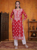 Hand Embroidered Pink Georgette Lucknowi Chikankari Kurta with Inner (Set of 2) | KDG - view 36