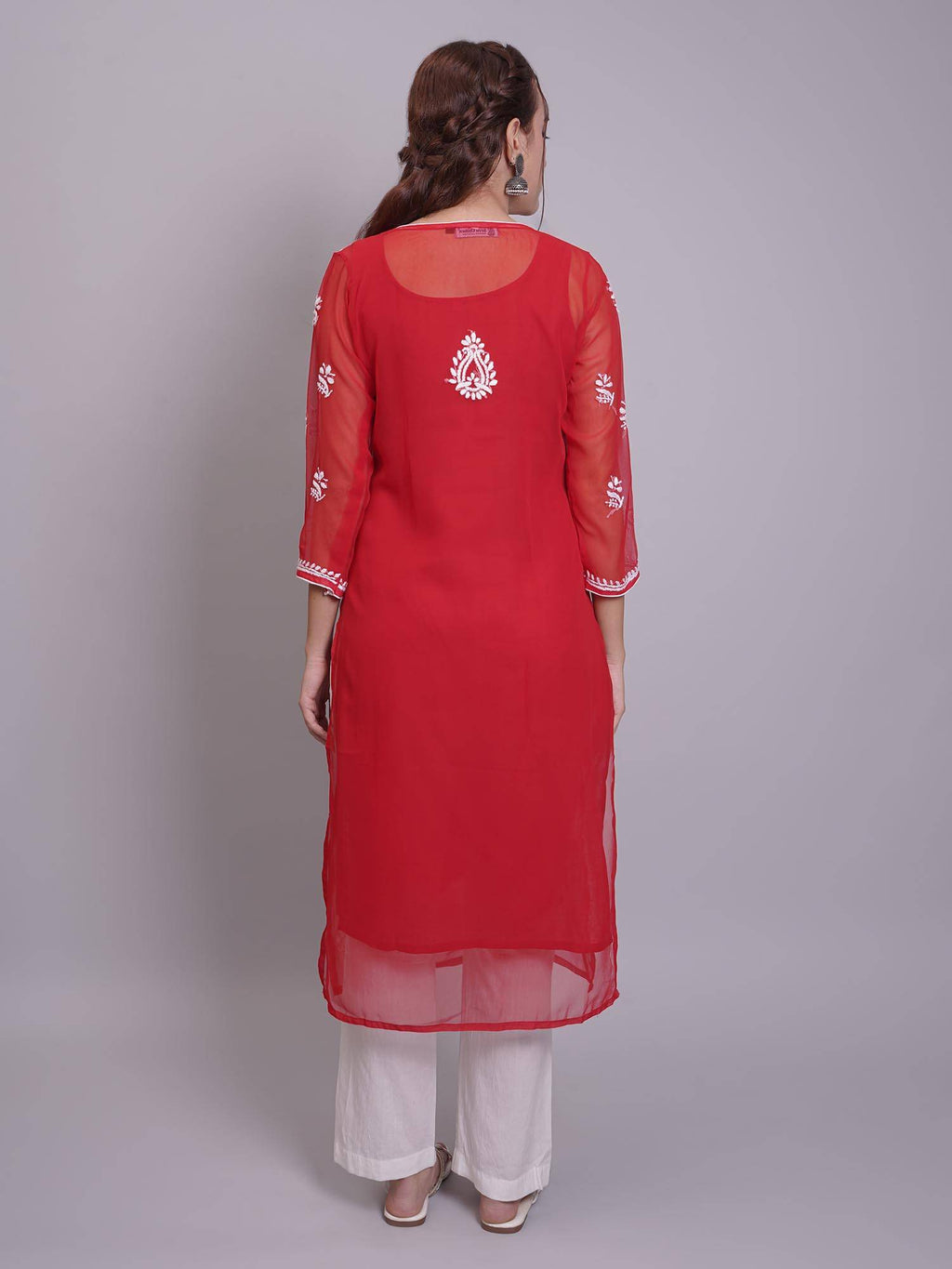 Hand Embroidered Pink Georgette Lucknowi Chikankari Kurta with Inner (Set of 2) | KDG - view 37