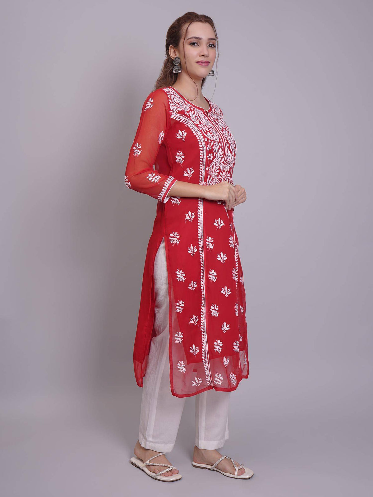 Hand Embroidered Pink Georgette Lucknowi Chikankari Kurta with Inner (Set of 2) | KDG - view 38