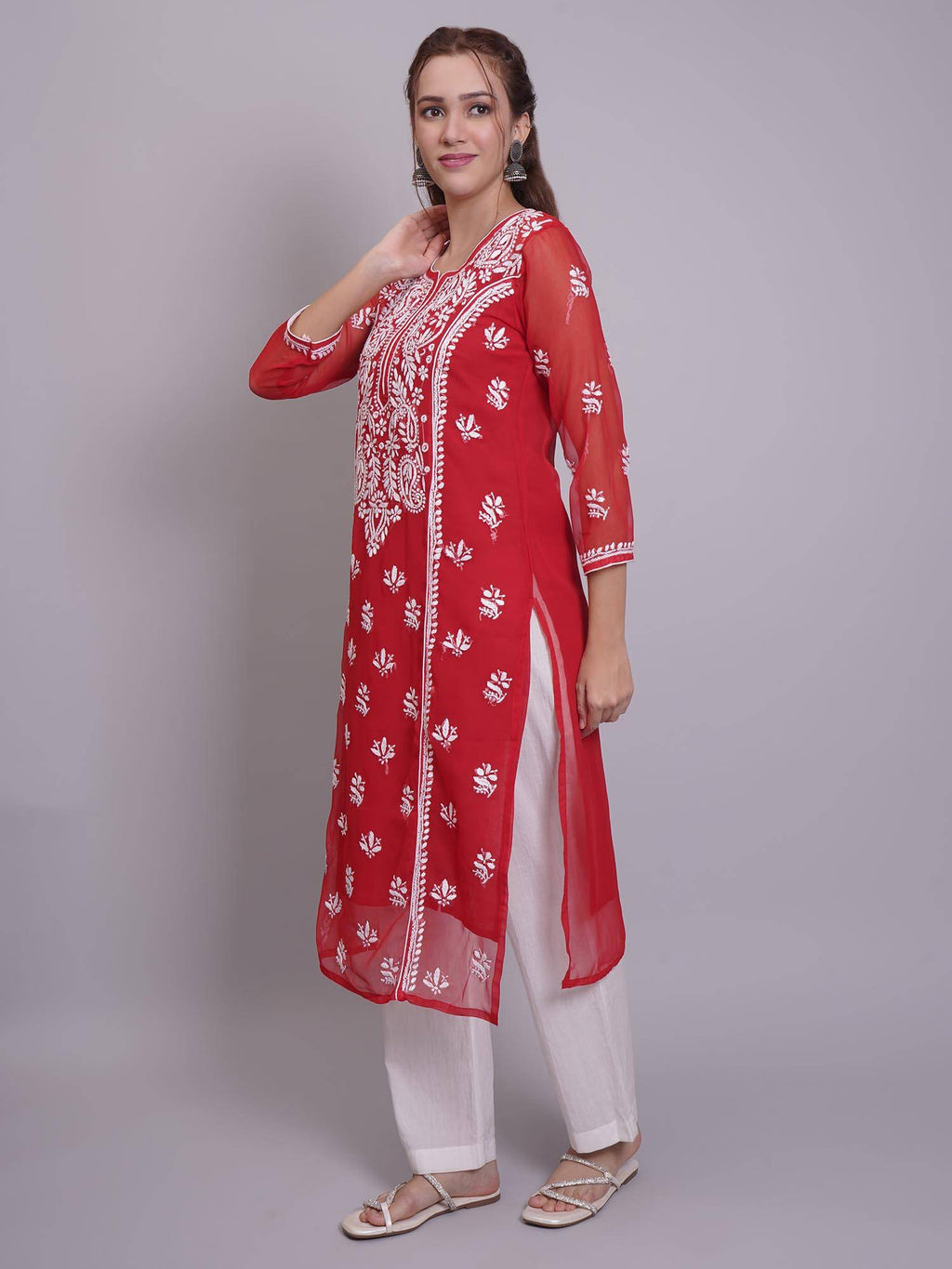 Hand Embroidered Pink Georgette Lucknowi Chikankari Kurta with Inner (Set of 2) | KDG - view 39