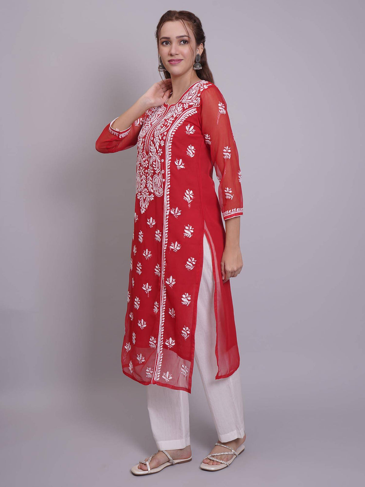 Hand Embroidered Pink Georgette Lucknowi Chikankari Kurta with Inner (Set of 2) | KDG - view 39