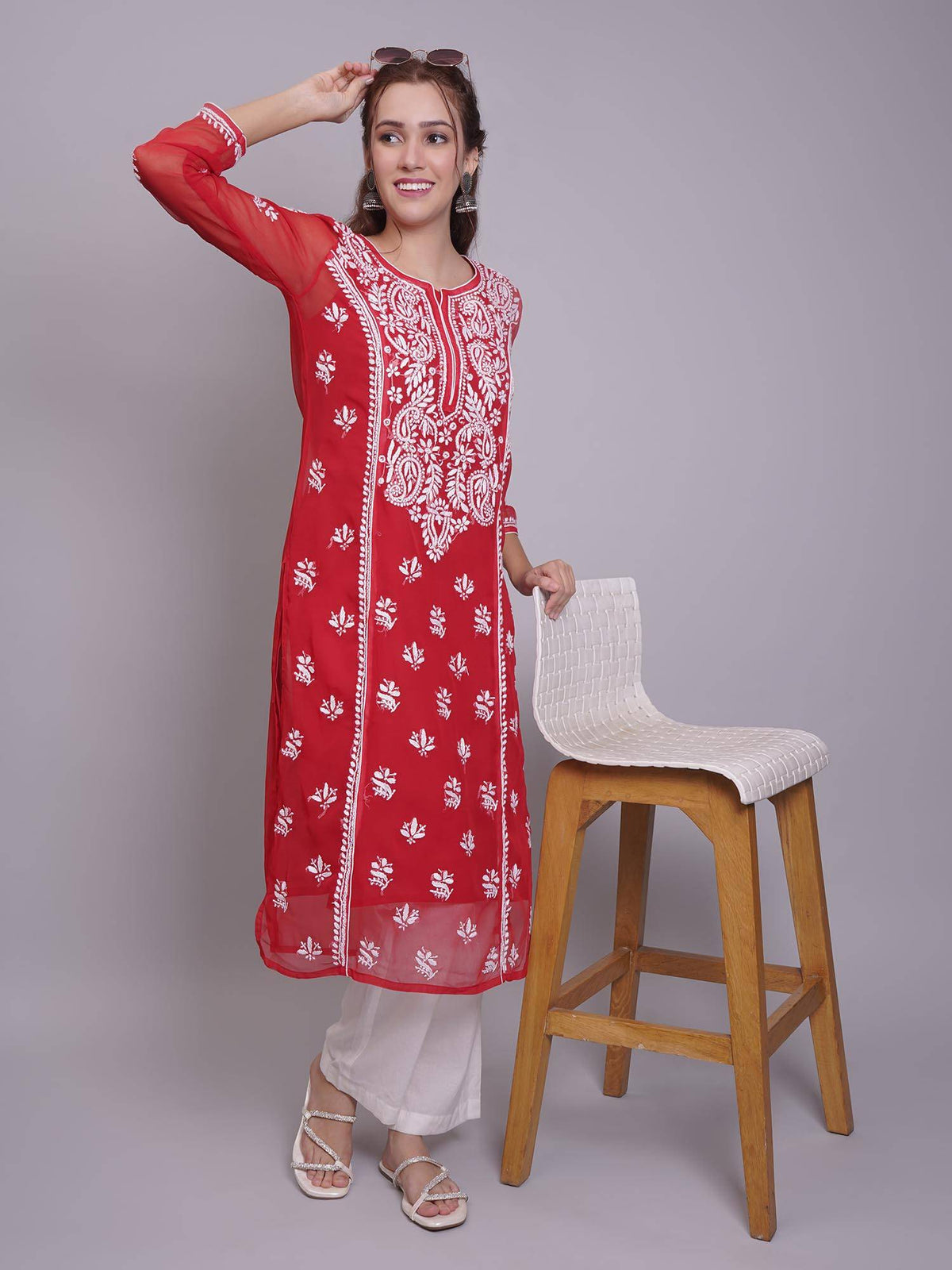 Hand Embroidered Pink Georgette Lucknowi Chikankari Kurta with Inner (Set of 2) | KDG - view 42