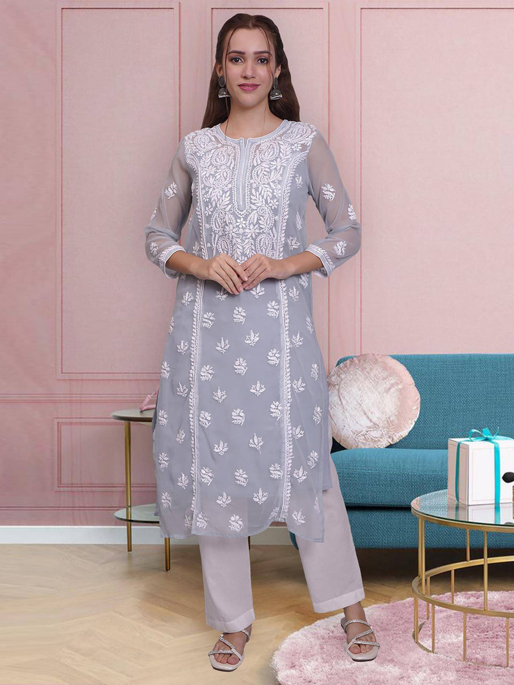 Hand Embroidered Pink Georgette Lucknowi Chikankari Kurta with Inner (Set of 2) | KDG - view 8