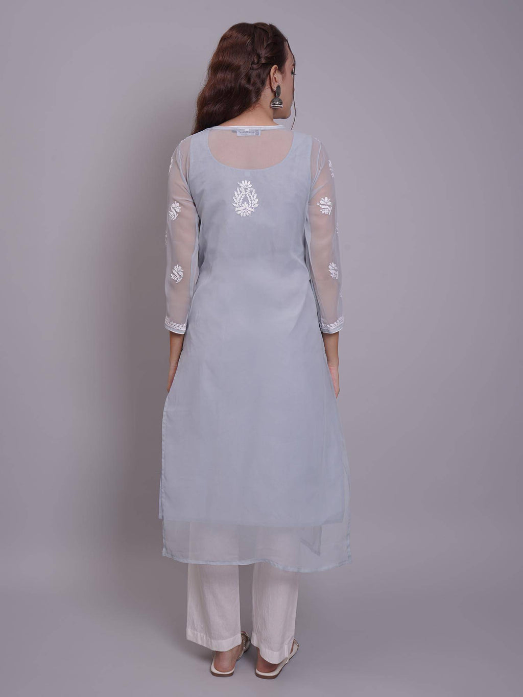 Hand Embroidered Pink Georgette Lucknowi Chikankari Kurta with Inner (Set of 2) | KDG - view 9