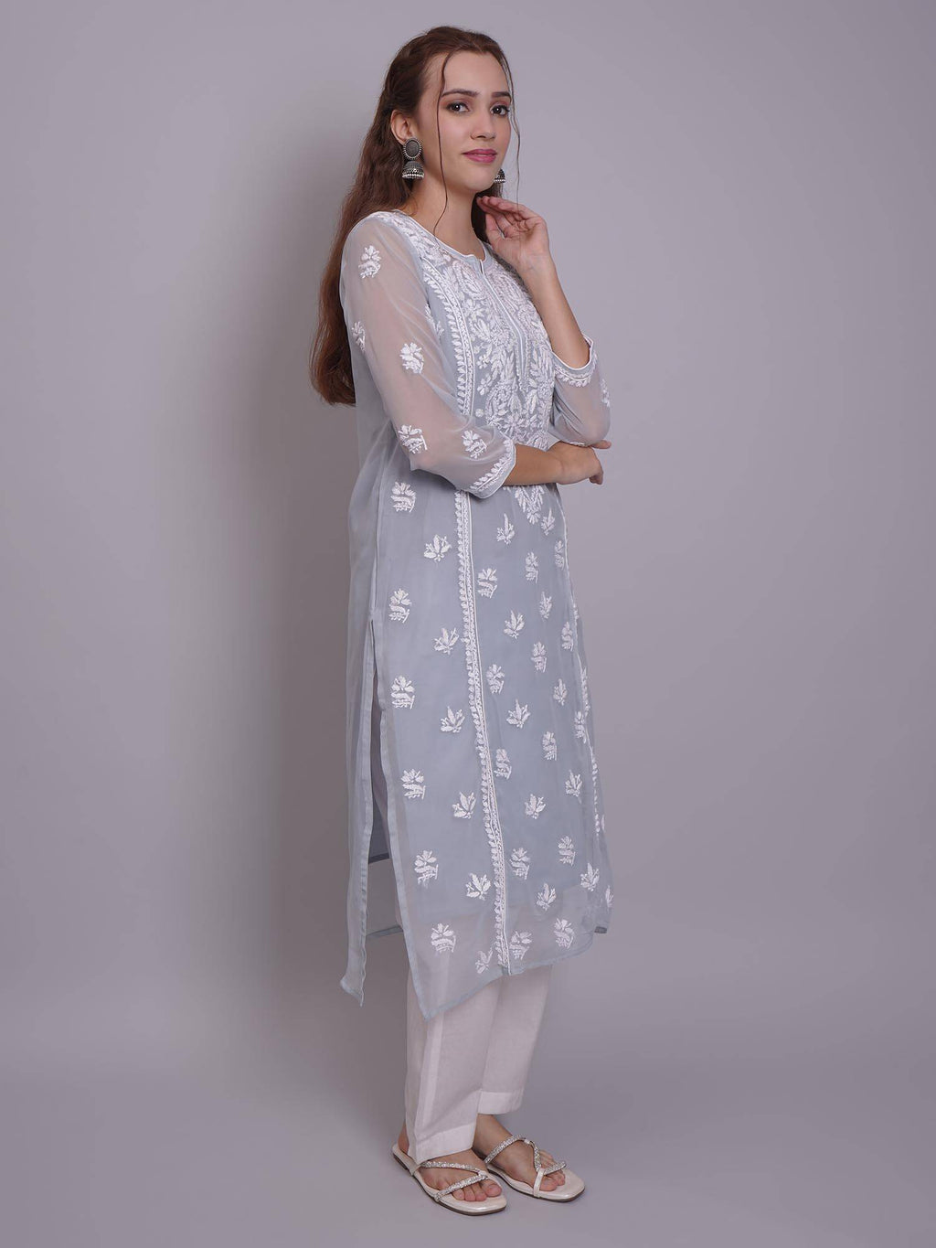 Hand Embroidered Pink Georgette Lucknowi Chikankari Kurta with Inner (Set of 2) | KDG - view 10
