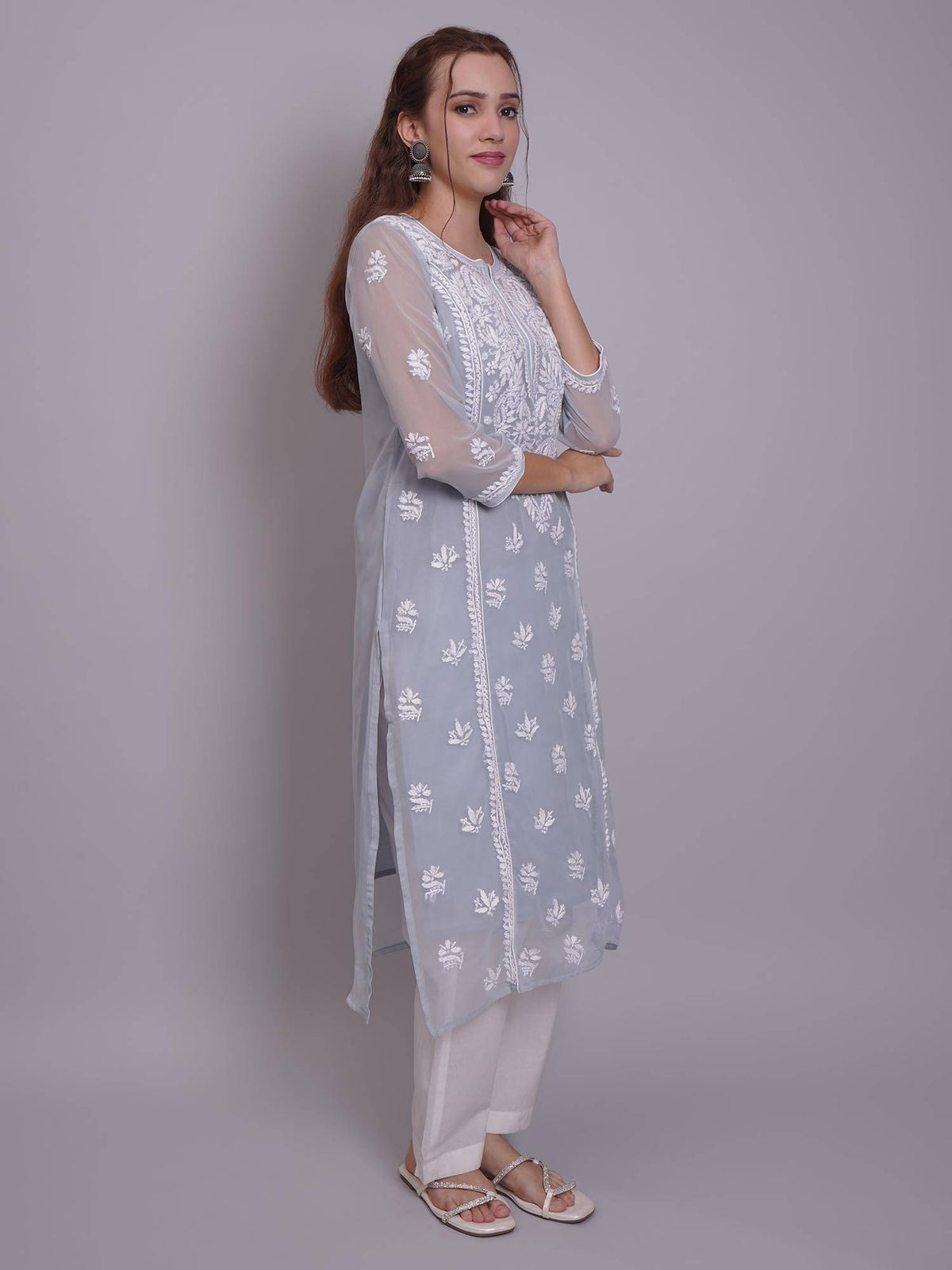 Hand Embroidered Pink Georgette Lucknowi Chikankari Kurta with Inner (Set of 2) | KDG - view 10