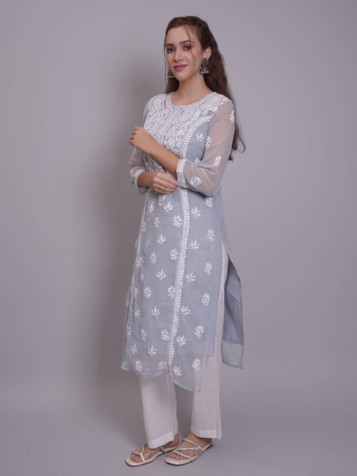 Hand Embroidered Pink Georgette Lucknowi Chikankari Kurta with Inner (Set of 2) | KDG - view 11