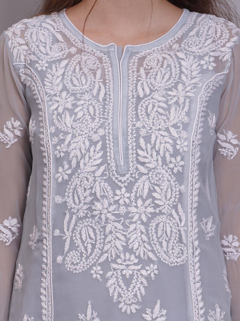 Hand Embroidered Pink Georgette Lucknowi Chikankari Kurta with Inner (Set of 2) | KDG - view 12