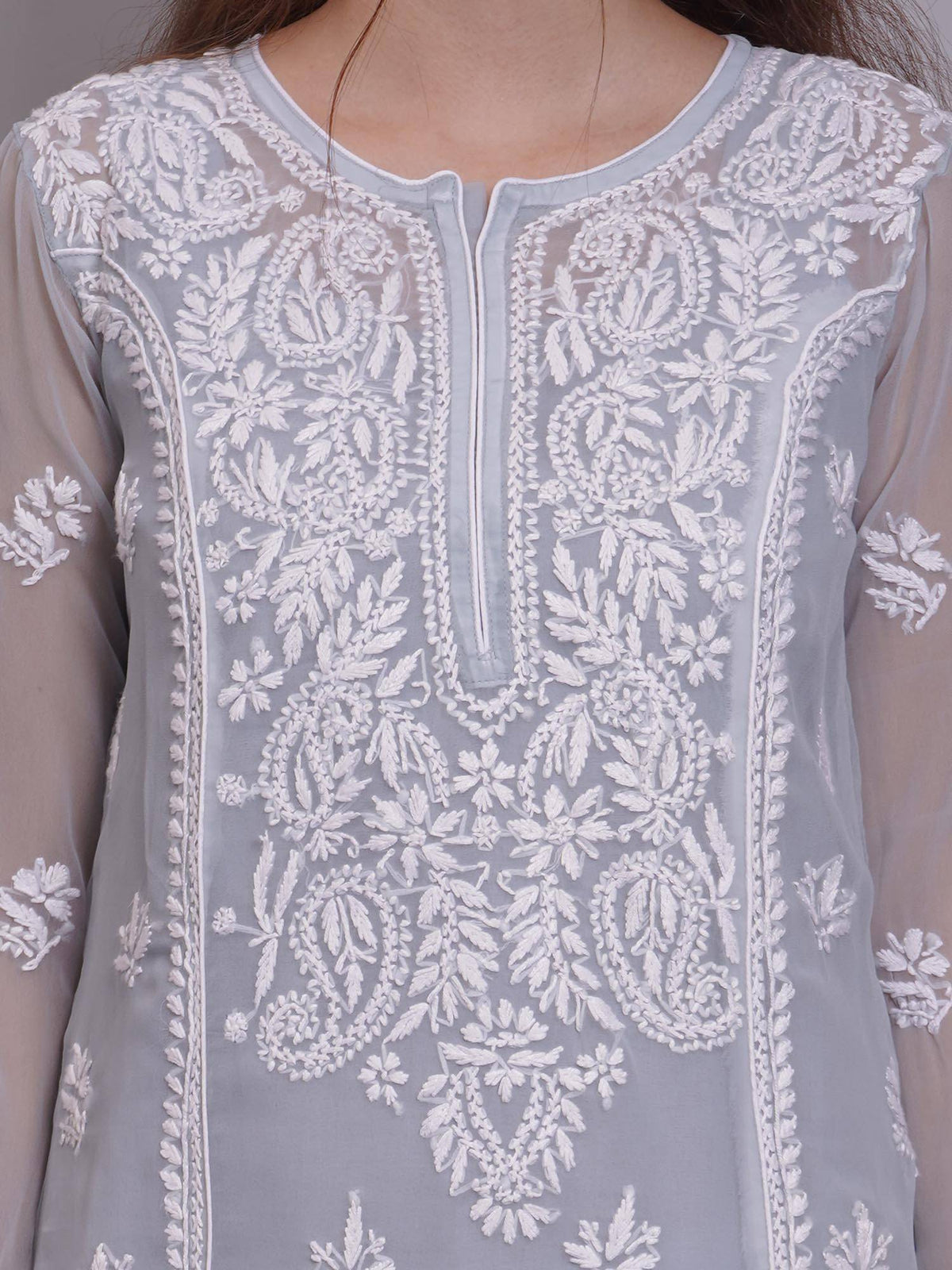 Hand Embroidered Pink Georgette Lucknowi Chikankari Kurta with Inner (Set of 2) | KDG - view 12