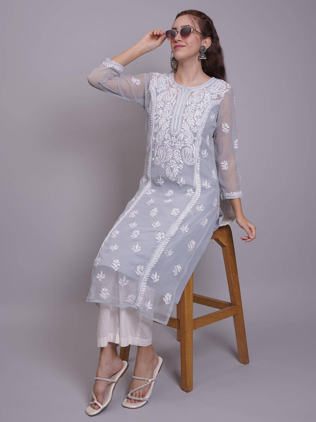 Hand Embroidered Pink Georgette Lucknowi Chikankari Kurta with Inner (Set of 2) | KDG - view 14
