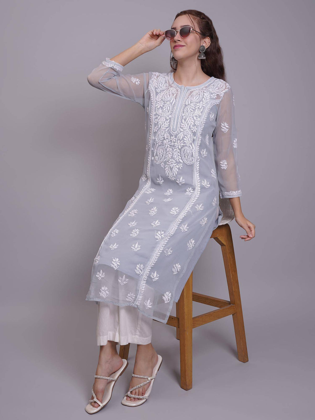 Hand Embroidered Pink Georgette Lucknowi Chikankari Kurta with Inner (Set of 2) | KDG - view 14