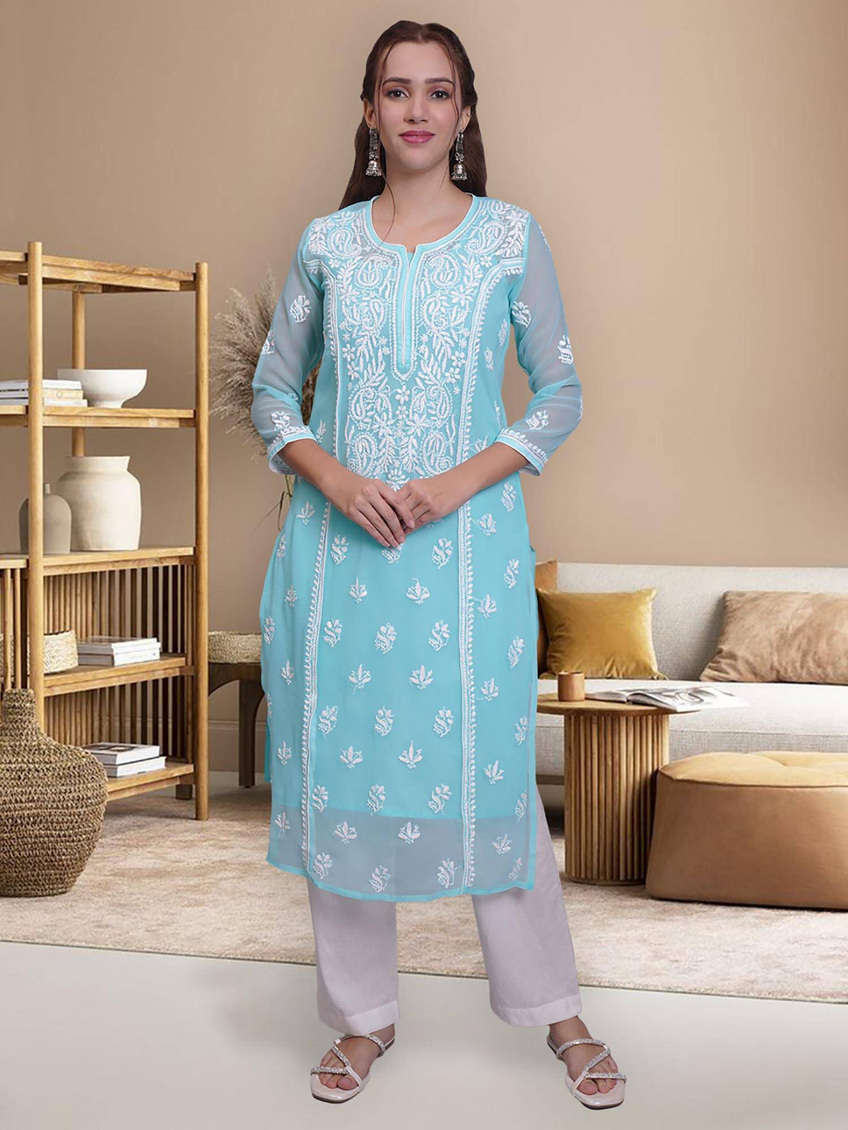 Hand Embroidered Pink Georgette Lucknowi Chikankari Kurta with Inner (Set of 2) | KDG - view 15