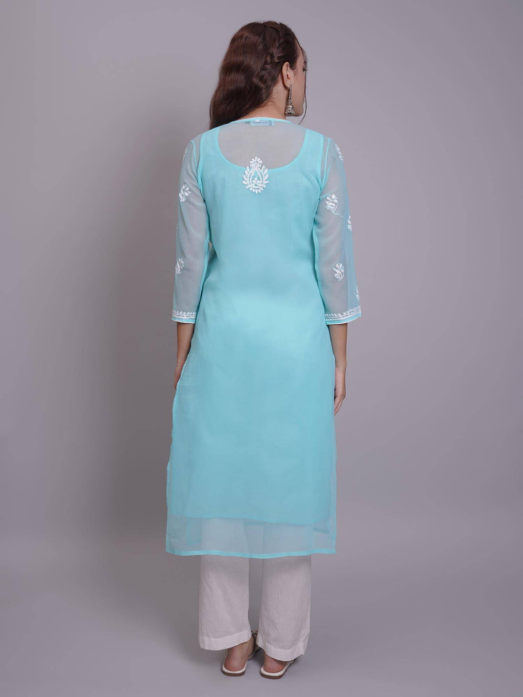 Hand Embroidered Pink Georgette Lucknowi Chikankari Kurta with Inner (Set of 2) | KDG - view 16