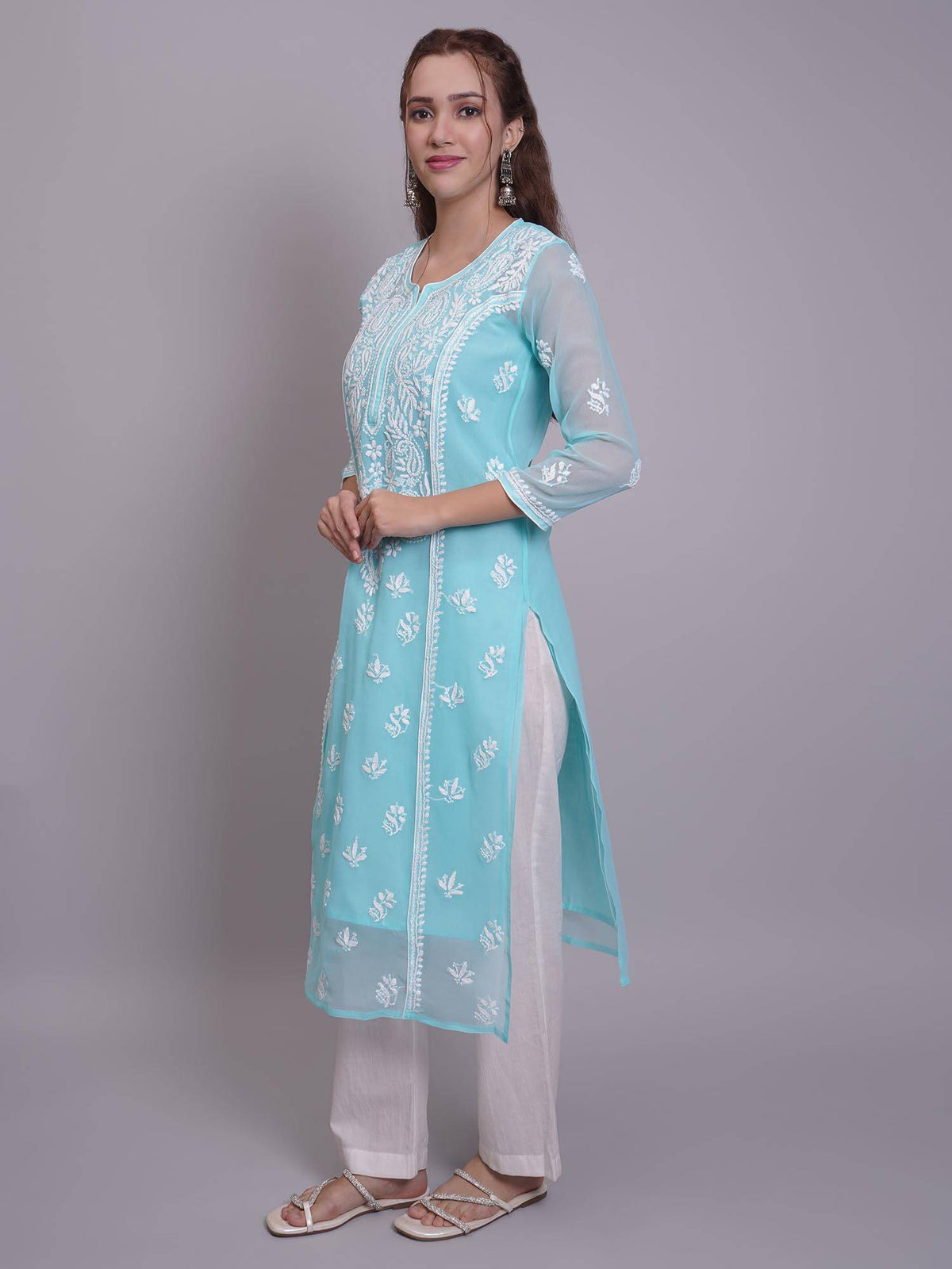 Hand Embroidered Pink Georgette Lucknowi Chikankari Kurta with Inner (Set of 2) | KDG - view 17