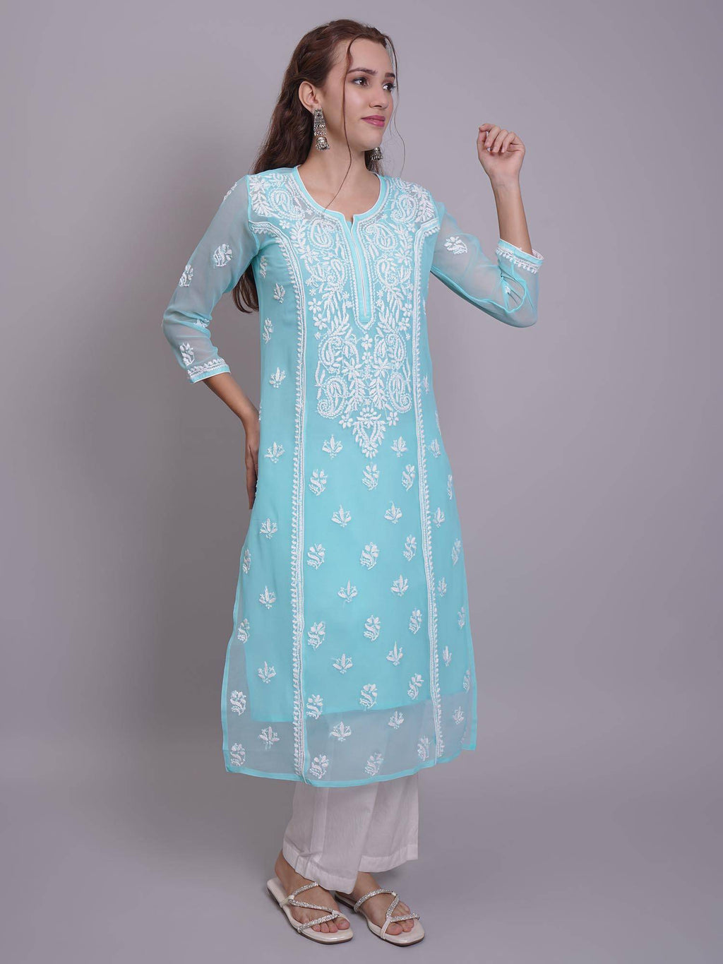 Hand Embroidered Pink Georgette Lucknowi Chikankari Kurta with Inner (Set of 2) | KDG - view 18