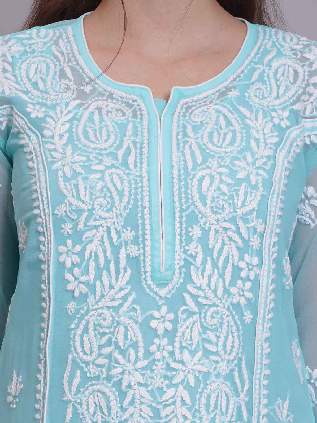 Hand Embroidered Pink Georgette Lucknowi Chikankari Kurta with Inner (Set of 2) | KDG - view 19