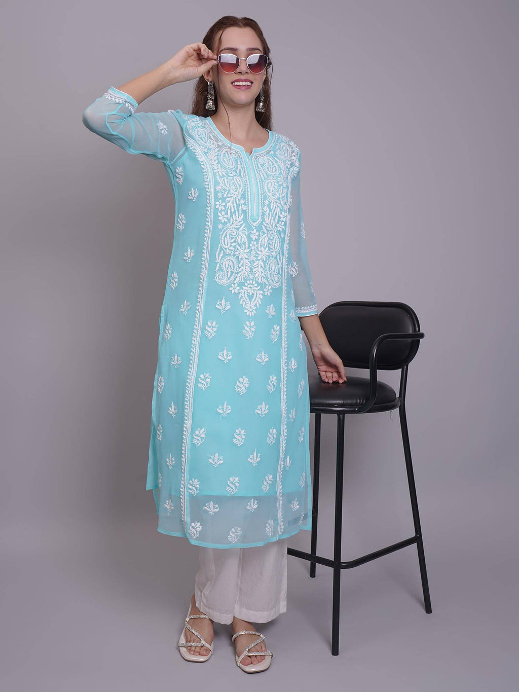 Hand Embroidered Pink Georgette Lucknowi Chikankari Kurta with Inner (Set of 2) | KDG - view 21