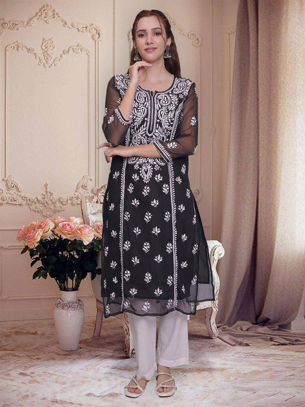 Hand Embroidered Pink Georgette Lucknowi Chikankari Kurta with Inner (Set of 2) | KDG - view 22