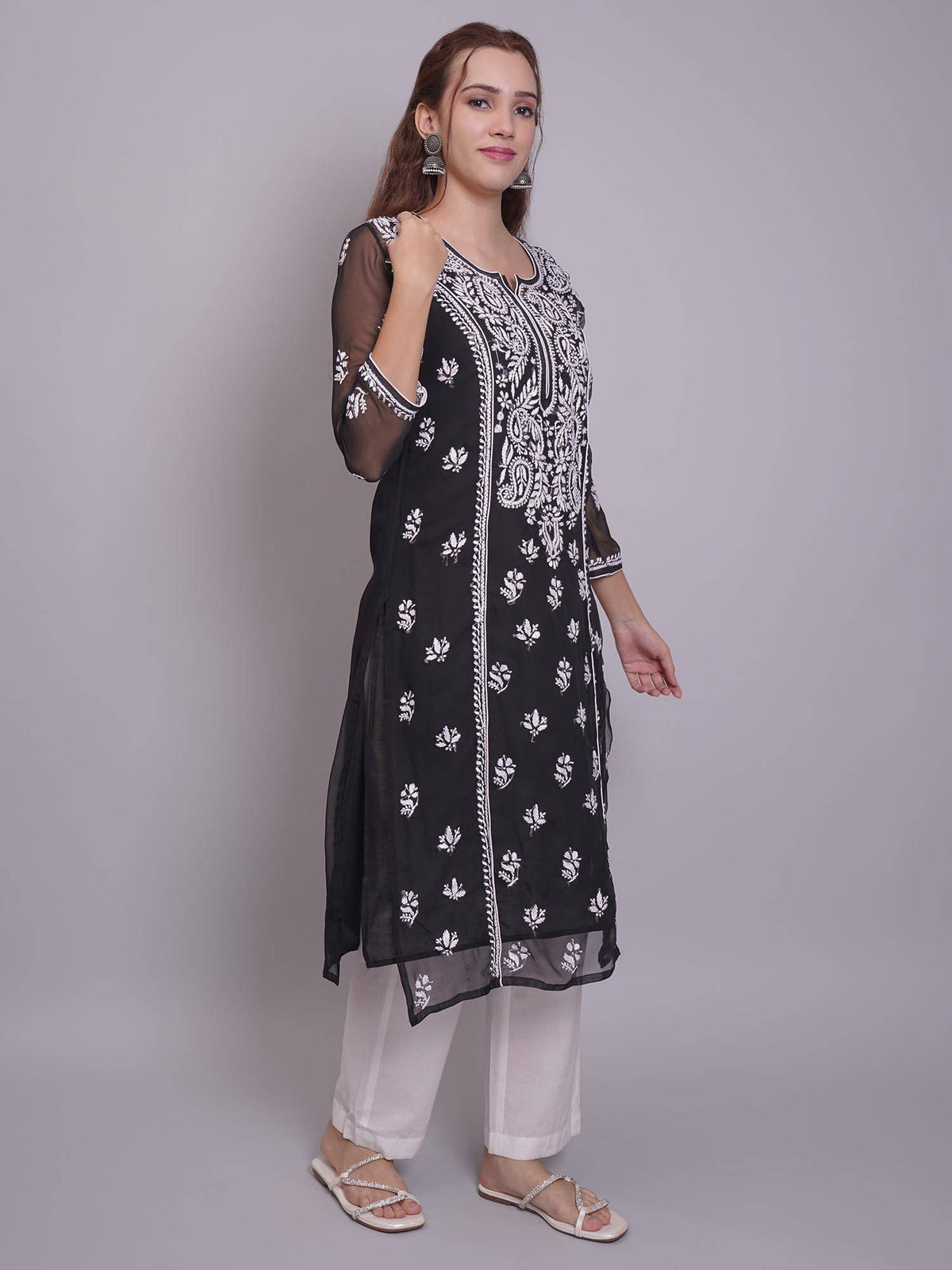 Hand Embroidered Pink Georgette Lucknowi Chikankari Kurta with Inner (Set of 2) | KDG - view 24