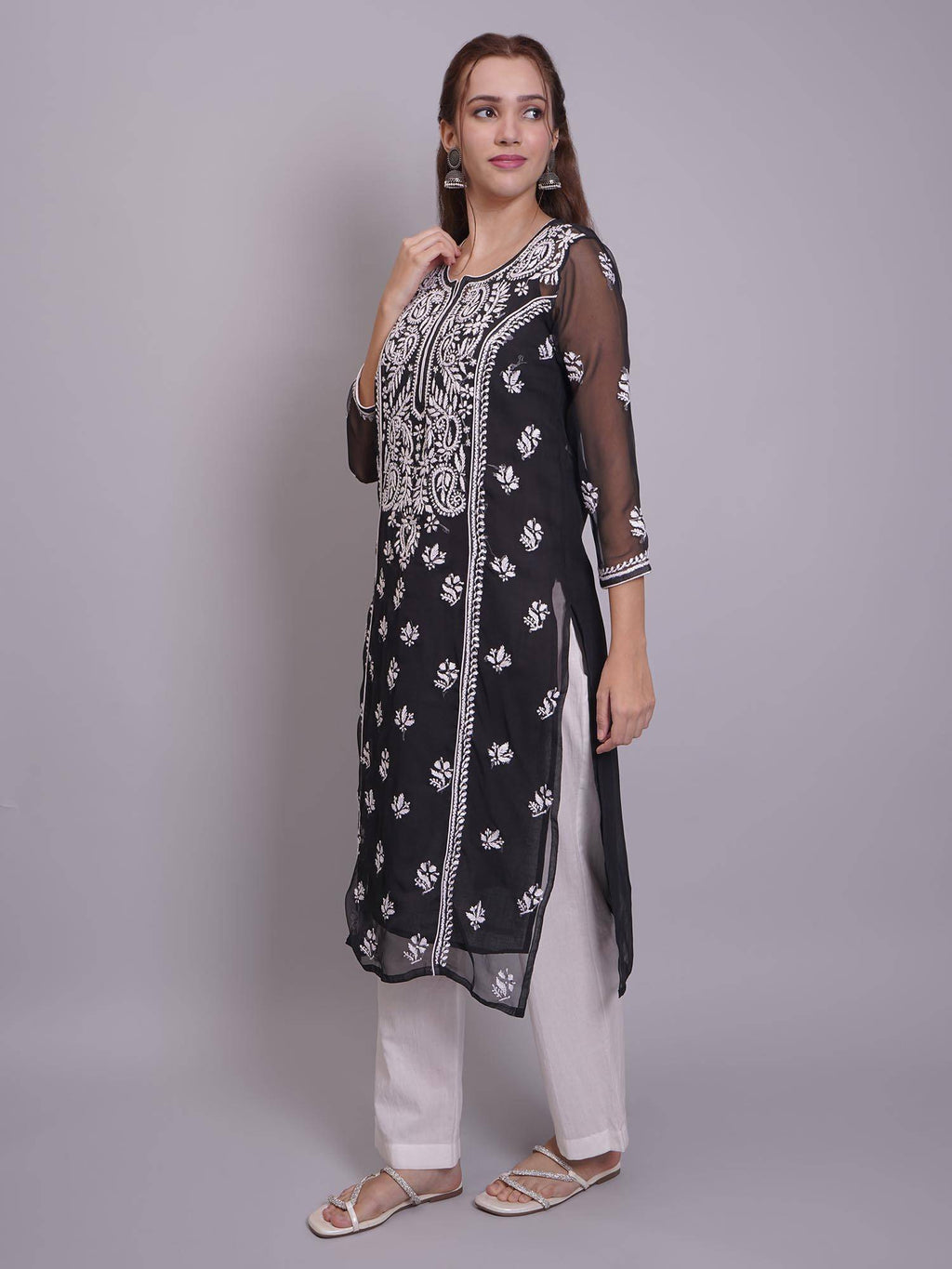 Hand Embroidered Pink Georgette Lucknowi Chikankari Kurta with Inner (Set of 2) | KDG - view 25