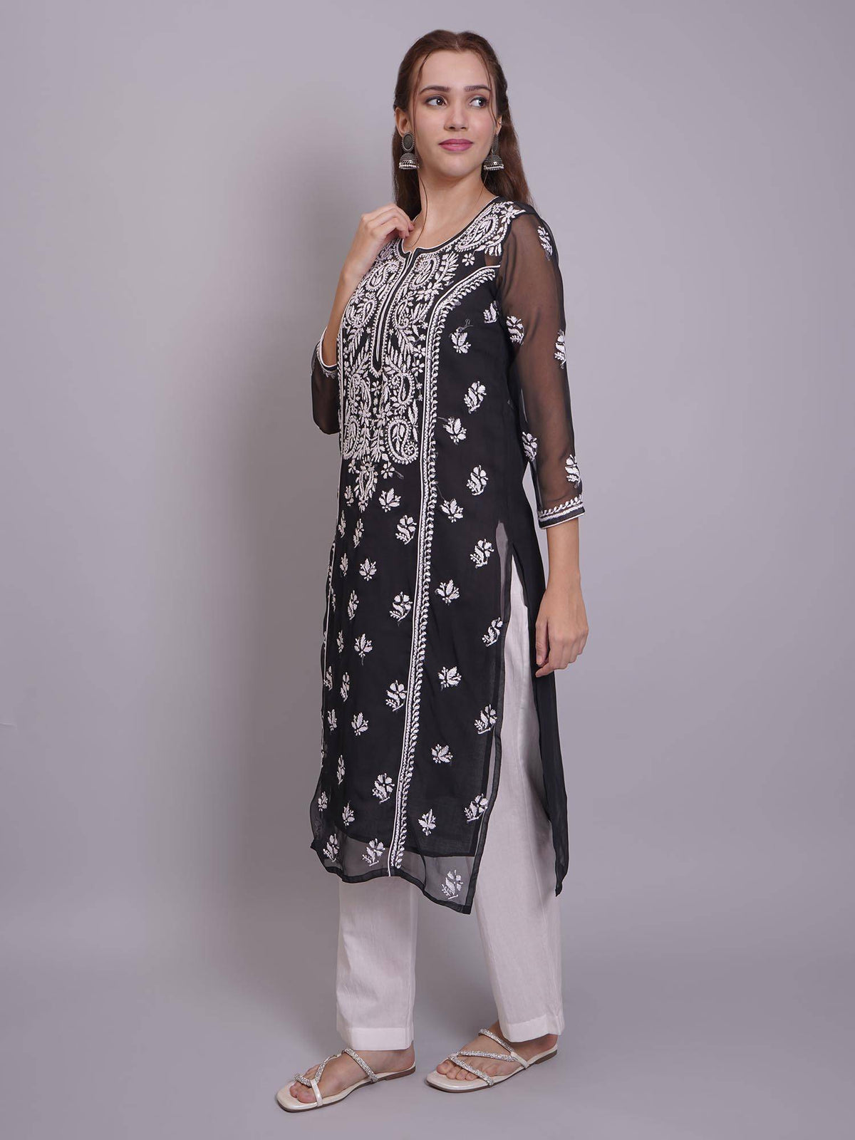 Hand Embroidered Pink Georgette Lucknowi Chikankari Kurta with Inner (Set of 2) | KDG - view 25