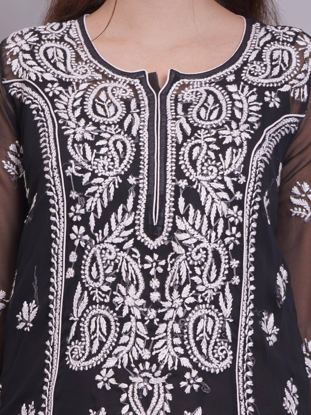 Hand Embroidered Pink Georgette Lucknowi Chikankari Kurta with Inner (Set of 2) | KDG - view 26