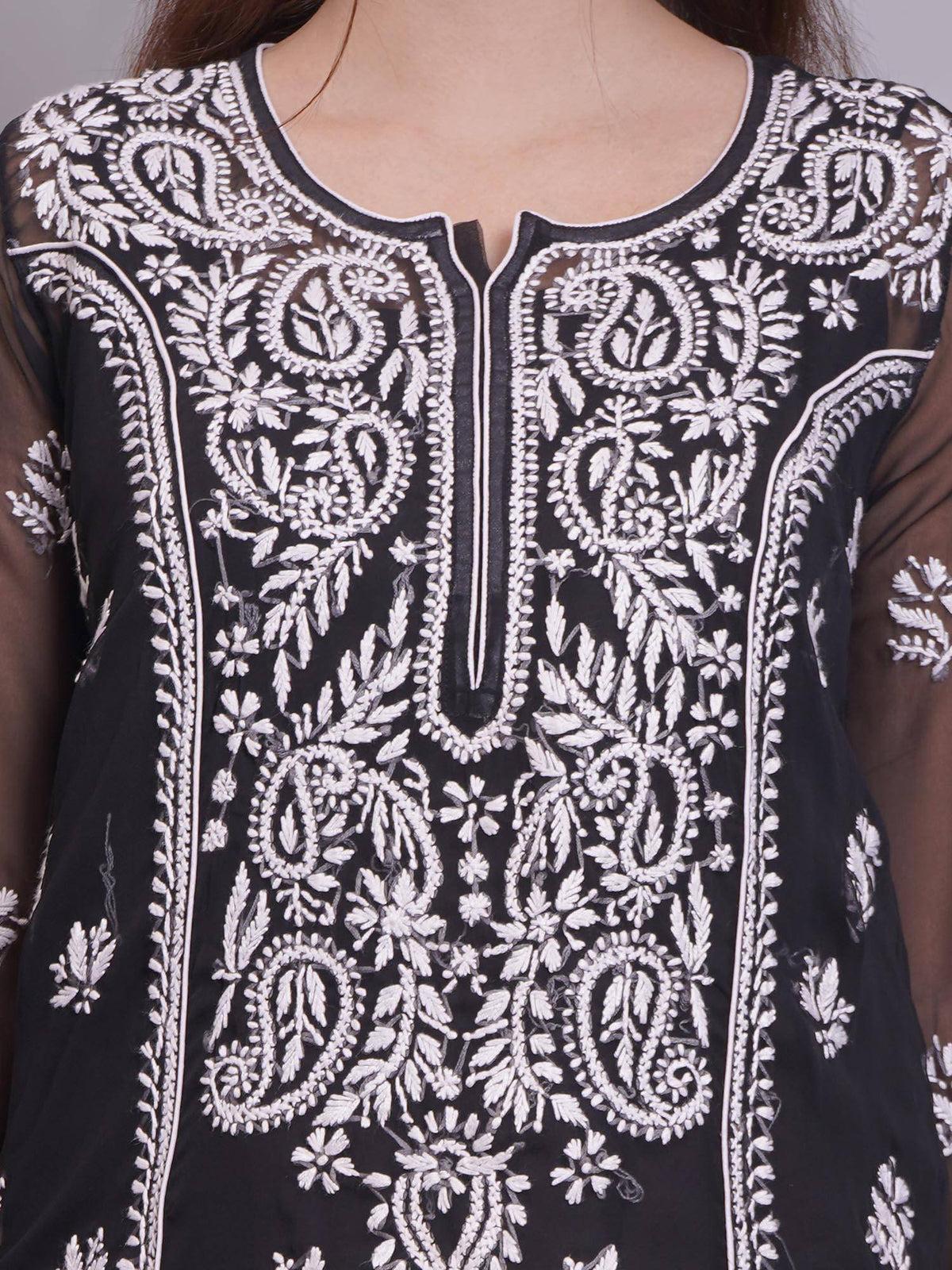 Hand Embroidered Pink Georgette Lucknowi Chikankari Kurta with Inner (Set of 2) | KDG - view 26