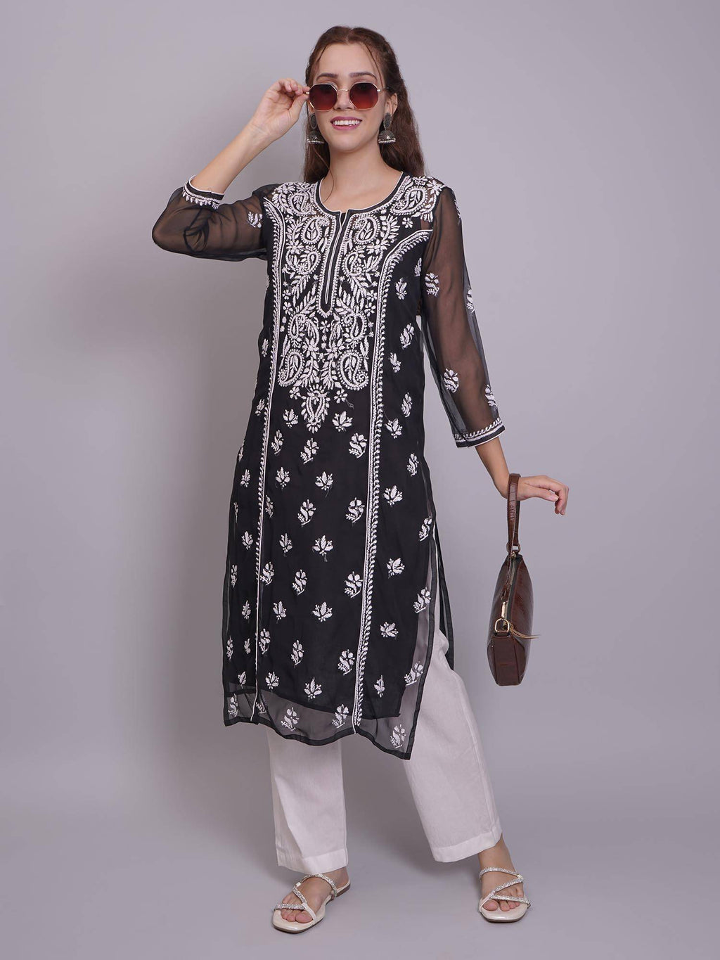 Hand Embroidered Pink Georgette Lucknowi Chikankari Kurta with Inner (Set of 2) | KDG - view 28
