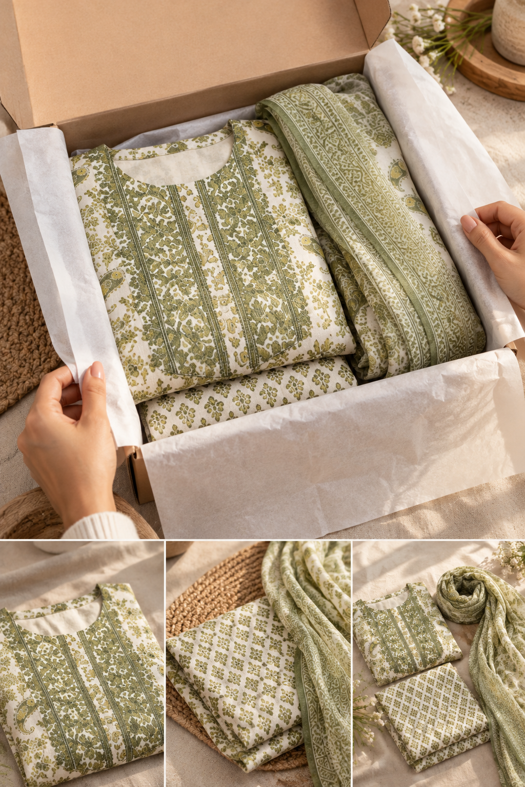 Olive Green Printed Kurta Set with Matching Dupatta