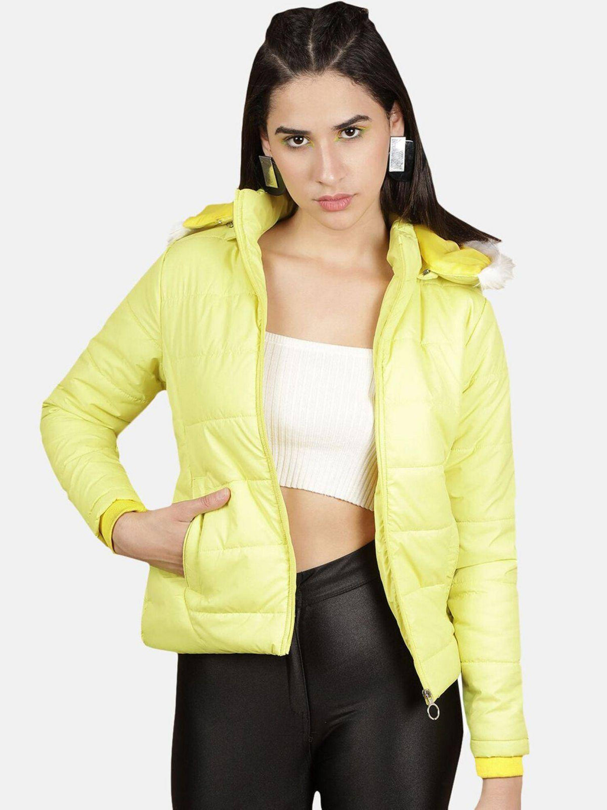 Yellow Slim Fit Solid Hooded Full Sleeves Winter Jacket | JC78 - view 1