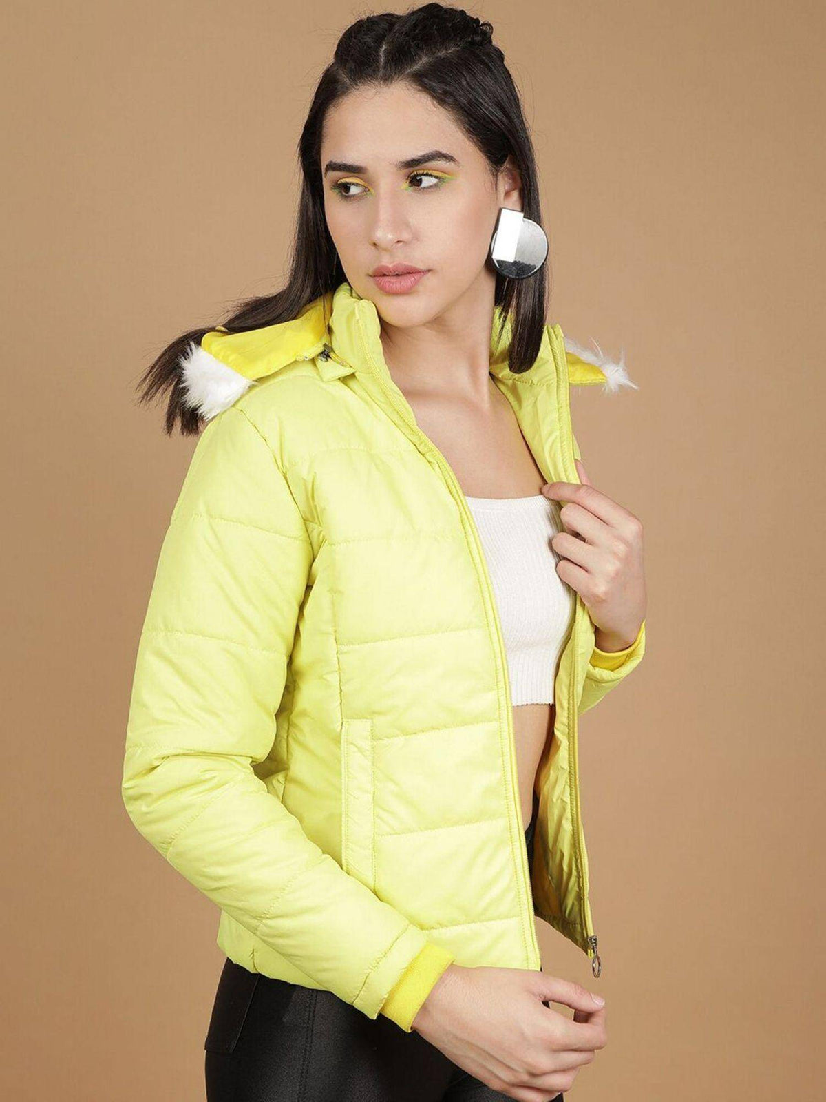 Yellow Slim Fit Solid Hooded Full Sleeves Winter Jacket | JC78 - view 3